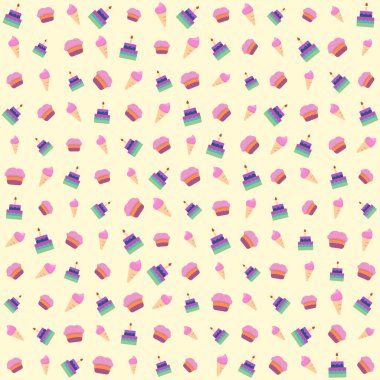 Tatlı doğum günü pastası deseni, pembe dondurma, şirin vektör keki, kusursuz tasarım.