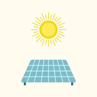 Minimalist tasarımı olan güneş enerjisi temalı bir güneş vektör çizimi. Etrafında ışınlar ve altında bir güneş paneli bulunan bir güneş sembolü içerir..