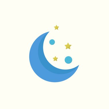 Parlak bir arka planda, yıldızlarla çevrili, minimalist düz bir ay vektör çizimi. Çeşitli yaratıcı ihtiyaçlar için uygun, temiz ve modern bir tasarım..