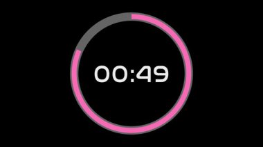Pembe bir ilerleme çemberi, merkezinde bir geri sayım ve minimalist siyah bir arkaplanı olan bir dakikalık animasyon zamanlayıcı videosu. Açılışlar, aralar ya da geri sayım videoları için mükemmel.