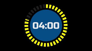 Beş dakikalık animasyon videosu, sarı bir ilerleme çemberi, merkezinde bir geri sayım, ve minimalist siyah bir arkaplan. Açılışlar, aralar ya da geri sayım videoları için mükemmel.