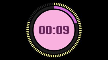 Pembe ve sarı ilerleme çemberli 10 saniyelik animasyon videosu, ortada bir geri sayım ve minimalist siyah arka plan. Açılışlar, aralar ya da geri sayım videoları için mükemmel.