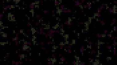 Parlak mor ve sarı noktalı soyut dijital arkaplan, fütürist yüksek teknoloji kavramı. Sanal alan. Parlak rastgele noktalar ve ızgaralar.