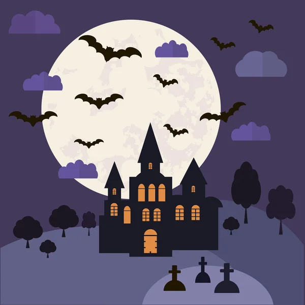 Castillo de Halloween y luna llena . — Vector de stock