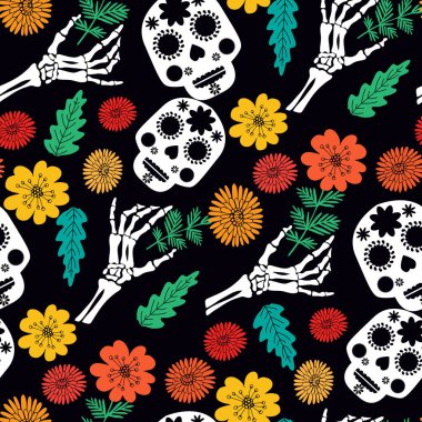 Kafatası ve çiçeklerle kusursuz Cadılar Bayramı şablonunuz kutlu olsun. Cadılar Bayramı şirin elementi. Ölüler günü, Dia de los muertos, kadife çiçekli şeker kafatası, kağıt rengi siyah arka plan. Vektör İllüstrasyonu