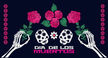 Dia de Los Muertos, Ölüler Günü ya da Cadılar Bayramı tebrik kartı, pankart, davetiye. Şeker dövmeli kafatasları, mum, marakas, gitar, sombrero ve kadife çiçekleri, Catrina Calavera geleneksel Meksika iskelet desenli Vektör çizimi.
