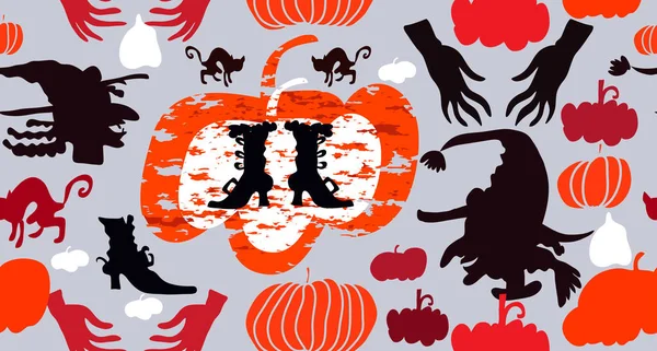 Joyeux Motif Coutures Halloween Avec Citrouille Chauve Souris Chat Monstre — Image vectorielle