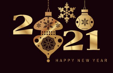 Yeni yılın kutlu olsun, Metal Boğa yılı, öküz. Mutlu noeller. Takvim ya da web afişi, şablon afişi, poster, 2021 kutlamaları için tatil geçmişi. Işık 2021 noel ağacı, top. Altın desenli. Vektör düz resimleme.