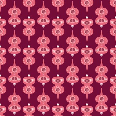 Balo oyuncağı, Noel süsü ve kar taneleriyle kusursuz bir Noel deseni. Tekstil, kumaş, web sitesi dekorasyonu, sosyal ağlar ve tebrik kartları veya Noel davetiyeleri için Holidaus sanat geçmişi. Vektör illüstrasyonu.