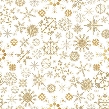 Altın kar taneleriyle kusursuz bir Noel deseni. Mutlu Noeller ve mutlu yıllar. Eşsiz kış tasarımı için güzel bir bayram süsü. Şablon arka plan, ambalaj kağıdı, kapak, kumaş, tekstil, web sait. Vektör illüstrasyonu