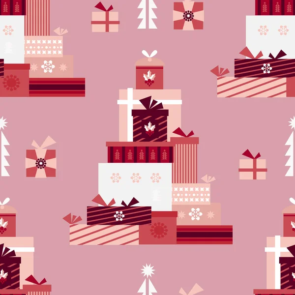 Рождественский Бесшовный Узор Подарочными Коробками Красными Золотыми Шариками Снежинками Holidaus — стоковый вектор