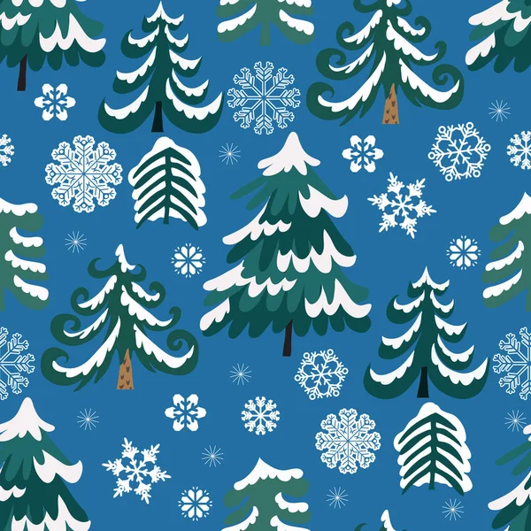 圣诞快乐 寒假花卉艺术背景 手工绘制的圣诞无缝图案与冬天的森林 圣诞节的树 矢量说明 — 图库矢量图片
