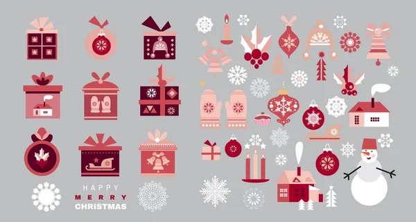 Vánoční Set Prvky Míčky Vánoční Hračky Sněhové Vločky Holidaus Sbírka — Stockový vektor