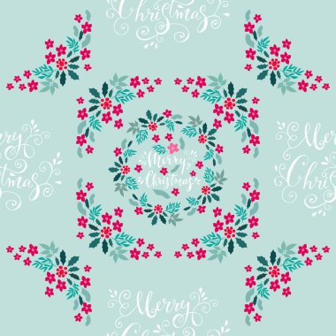 Mutlu Noeller. Çiçekli bayram sanat geçmişi. Noel desenli ökseotu, kozalak, meşe palamudu, kızılcık, noktalı çiçek desenli el çizimi. Vektör illüstrasyonu.