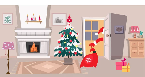 Kerst Interieur Platte Cartoon Stijl Kerstman Geschenkdozen Nieuwjaar Vieren Woonkamer — Stockvector