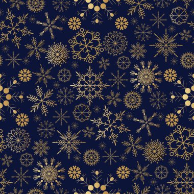 Altın kar taneleriyle kusursuz bir Noel deseni. Mutlu Noeller ve mutlu yıllar. Eşsiz kış tasarımı için güzel bir bayram süsü. Şablon arka plan, ambalaj kağıdı, kapak, kumaş, tekstil, web sait. Vektör illüstrasyonu