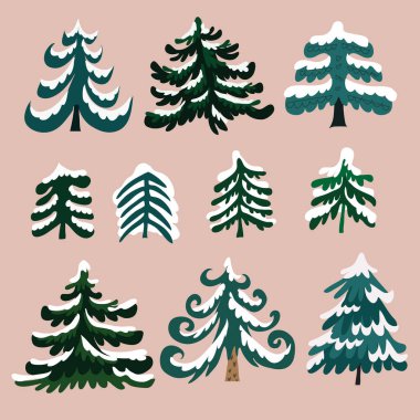 El çizimi Noel ağaçları. Kara elementler kış kozalakları: köknar, karaçam, ardıç, çam, ladin. Davetiye ve tebrik kartı için eşsiz bir el çizimi. Xmas. Vektör illüstrasyonu.