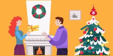 Düz çizgi film tarzında Noel içleri. Mutlu Noeller, insanlarla kış sahnesi ve büyük Noel ağacı. Erkekler ve kadınlar Noel 'i kutlar ve hediyelerini tutarlar. Vektör şirin illüstrasyon .