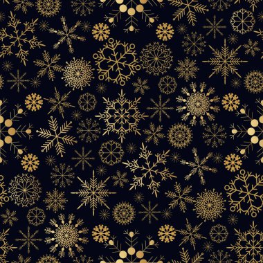 Altın kar taneleriyle kusursuz bir Noel deseni. Mutlu Noeller ve mutlu yıllar. Eşsiz kış tasarımı için güzel bir bayram süsü. Şablon arka plan, ambalaj kağıdı, kapak, kumaş, tekstil, web sait. Vektör illüstrasyonu