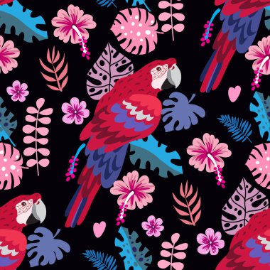 Tropik papağanlarla kusursuz desen. Renkli egzotik arka plan kuşları, yapraklar, çiçekler, bitkiler ve dallar seyahat ve tatil için sanat baskıları, moda, posterler. Vektör illüstrasyonu EPS 10