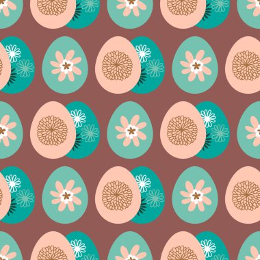 Mutlu Paskalyalar. Paskalya yumurtaları ve bahar çayırı çiçekleri ile güzel, pürüzsüz bir desen. Hoş bahar çiçekleri, kağıt, tekstil, kapaklar, afiş. Vektör