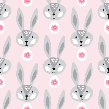 Paskalya Bayramı 'nda paskalya yumurtaları, şirin baykuşları, komik tavşanları, bahar çayırları çiçekleriyle kusursuz bir şenlik düzenlenir. Mutlu Paskalyalar. Şirin bahar çiçekli arka plan, kağıt, tekstil, kapaklar, afiş vektörü illüstrasyonu.