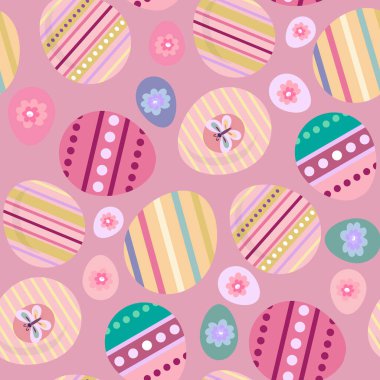 Mutlu Paskalyalar. Paskalya yumurtaları ve bahar çayırı çiçekleri ile güzel, pürüzsüz bir desen. Hoş bahar çiçekleri, kağıt, tekstil, kapaklar, afiş. Vektör illüstrasyonu.