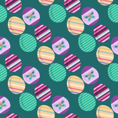 Mutlu Paskalyalar. Paskalya yumurtaları ve bahar çayırı çiçekleri ile güzel, pürüzsüz bir desen. Hoş bahar çiçekleri, kağıt, tekstil, kapaklar, afiş. Vektör illüstrasyonu.