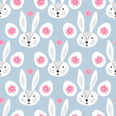 Paskalya Bayramı 'nda paskalya yumurtaları, şirin baykuşları, komik tavşanları, bahar çayırları çiçekleriyle kusursuz bir şenlik düzenlenir. Mutlu Paskalyalar. Şirin bahar çiçekli arka plan, kağıt, tekstil, kapaklar, afiş vektörü illüstrasyonu.