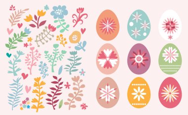 Paskalya yumurtalı, tatlı tavşanlı, komik tavşanlı, bahar çayırı çiçekli mutlu Paskalya seti. Şirin bahar çiçekli arka plan, kağıt, tekstil, kapaklar, afiş, bebek partisi. Vektör