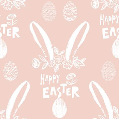 Paskalya 'da paskalya yumurtaları, sevimli tavşanlar, komik tavşanlar, bahar çiçekleri olan kusursuz bir şenlik. Şirin bahar çiçekli arka plan, kağıt, tekstil, kapaklar, pankart taşıyıcı