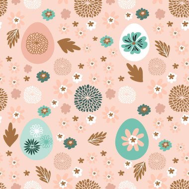 Mutlu Paskalyalar. Paskalya yumurtaları ve bahar çayırı çiçekleri ile güzel, pürüzsüz bir desen. Hoş bahar çiçekleri, kağıt, tekstil, kapaklar, afiş. Vektör