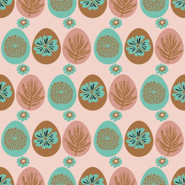 Mutlu Paskalyalar. Paskalya yumurtaları ve bahar çayırı çiçekleri ile güzel, pürüzsüz bir desen. Hoş bahar çiçekleri, kağıt, tekstil, kapaklar, afiş. Vektör