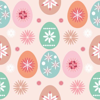 Mutlu Paskalyalar. Paskalya yumurtaları ve bahar çayırı çiçekleri ile güzel, pürüzsüz bir desen. Şirin bahar çiçekli arka plan, kağıt, tekstil, kapaklar, afiş vektörü illüstrasyonu.
