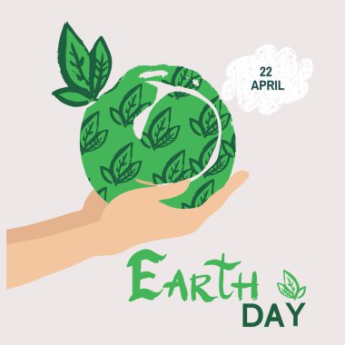 Uluslararası Dünya Günü. Gezegen ekonomisi kavramını sakla. Şablon posteri, web afişi, kartpostal. Yeşil yapraklar, orman, ağaçlar. Vektör şirin düz çizgi film çizimi.