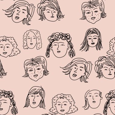 Elle çizilmiş insan yüzleri çizgi film tarzında kusursuz desenler çizer. Komik karakterler. Kadınlar, kızlar, anneler, yaşlı kadınlar. Komik mürekkep kalem çizimleri, farklı yaş neslinin resimlerini çizer. Vektör sanatı illüstrasyonu. 