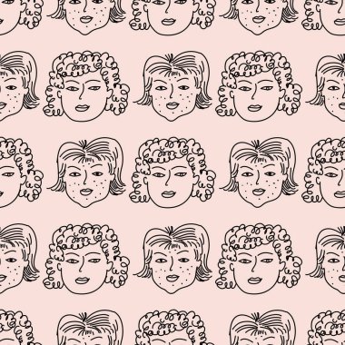 Elle çizilmiş insan yüzleri çizgi film tarzında kusursuz desenler çizer. Komik karakterler. Kadınlar, kızlar, anneler, yaşlı kadınlar. Komik mürekkep kalem çizimleri, farklı yaş neslinin resimlerini çizer. Vektör sanatı illüstrasyonu. 