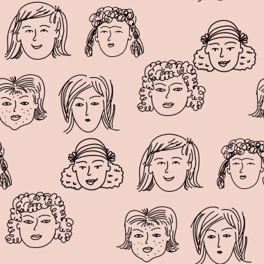 Elle çizilmiş insan yüzleri çizgi film tarzında kusursuz desenler çizer. Komik karakterler. Kadınlar, kızlar, anneler, yaşlı kadınlar. Komik mürekkep kalem çizimleri, farklı yaş neslinin resimlerini çizer. Vektör sanatı illüstrasyonu. 