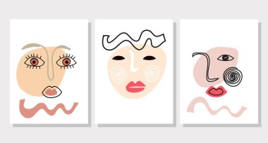 Creative hard paint cover design backgrounds. Abstract set with Woman face, silhouette, floral elements. Trendy graphic design for banner, social media, poster, cover, invitation, brochure,  mobile apps.  Vector art illustration. 