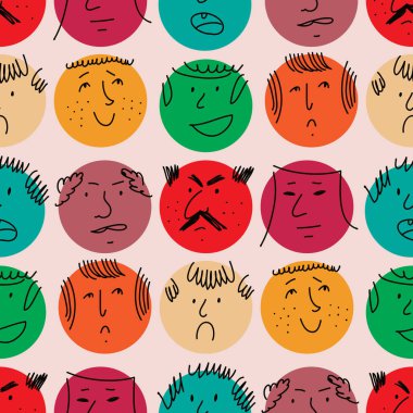 Gülümseyen insan ikonu ile sevimli, renksiz desen. İnsanların görünürleri. Düz biçimdeki sevimli vektör illüstrasyonu.