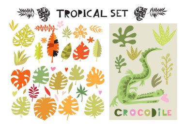 Tropikal hayvanlar, bitkiler ve egzotik çiçeklerle dolu güzel büyük bir set. Çizgi film stilinde şirin vektör elementleri. Tasarımınız, posterleriniz, tekstil ürünleriniz, iş ürünleriniz için. Vektör illüstrasyonu.  