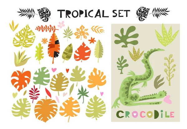 Tropikal hayvanlar, bitkiler ve egzotik çiçeklerle dolu güzel büyük bir set. Çizgi film stilinde şirin vektör elementleri. Tasarımınız, posterleriniz, tekstil ürünleriniz, iş ürünleriniz için. Vektör illüstrasyonu.  