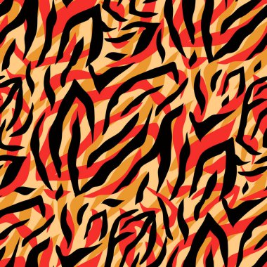 Kaplan, düz çizgi filmlerde farklı renklerde kusursuz desen çizer. Tekstil, kumaş, duvar kağıdı için modern moda deri tasarımı. Safari tarzı. Vektör illüstrasyonu