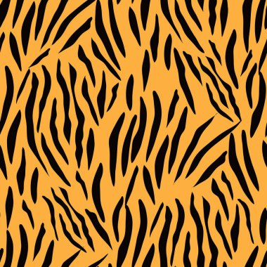 Kaplan, düz çizgi filmlerde farklı renklerde kusursuz desen çizer. Tekstil, kumaş, duvar kağıdı için modern moda deri tasarımı. Safari tarzı. Vektör illüstrasyonu