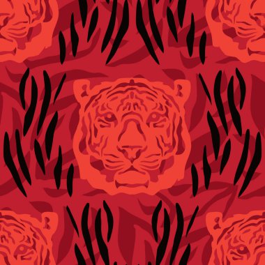 Kaplan, düz çizgi filmlerde farklı renklerde kusursuz desen çizer. Tekstil, kumaş, duvar kağıdı için modern moda deri tasarımı. Safari tarzı. Vektör illüstrasyonu