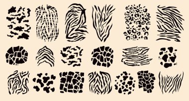 Koleksiyon, Afrika memelilerinin izlerini taşıyor. Kaplan, zebra, jaguar, guepard, leopar, inek, zürafa desenli deri. Vektör düz gerçekçi simge illüstrasyonu.