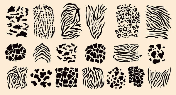 Koleksiyon, Afrika memelilerinin izlerini taşıyor. Kaplan, zebra, jaguar, guepard, leopar, inek, zürafa desenli deri. Vektör düz gerçekçi simge illüstrasyonu.