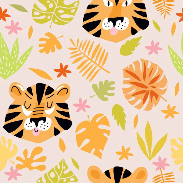 Seamless Childish Pattern Cute Tiger Use Textile Fabric Wallpaper Kids — Stock Vector