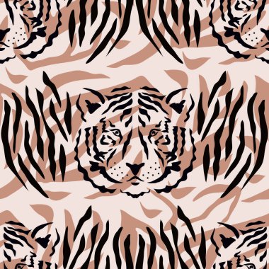 Kaplan, düz çizgi filmlerde farklı renklerde kusursuz desen çizer. Tekstil, kumaş, duvar kağıdı için modern moda deri tasarımı. Safari tarzı. Vektör illüstrasyonu