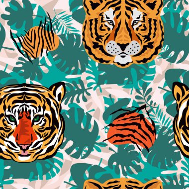 Kaplan kusursuz desenli, çizgi filmlerdeki gibi farklı renklerde, düz ve düz. Tekstil, kumaş, duvar kağıdı için modern moda deri tasarımı. Safari sanat tarzı. Vektör illüstrasyonu